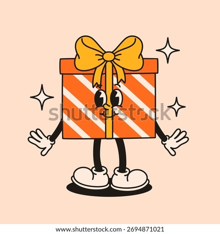 Groovy orange gift box character in retro style. Flat vector illustration.