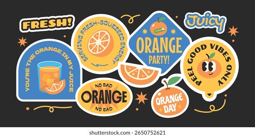 Groovy orange sticker collection. Trendy seasonal fruits label, badges, patchs, logos with quotes.