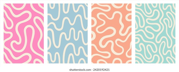 Groovy organic lines, fluid, curved, wiggling stripes, waves vector backgrounds set. Liquid, funky chaotic ornaments, funky patterns bundle. Doodle, uneven hand drawn wavy, winding twisted lines