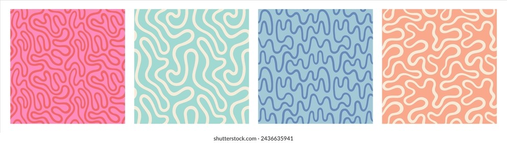 Groovy organic lines, fluid, curved, wiggling stripes, waves vector seamless patterns set. Liquid, funky chaotic ornaments, funky backgrounds. Doodle, uneven hand drawn wavy, winding twisted lines