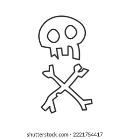 groovy outline halloween skull and bones, doodle sticker, vector graphic