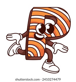 Groovy P alphabet letter cartoon character running. Funny retro font mascot in hurry to hippie party, cartoon letter P with psychedelic strip pattern, typography sticker of 70s 80s vector illustration