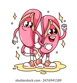 Groovy pair of pink cartoon rubber flip flops characters. Funny retro beach slippers couple holding hands. Summer sandals and vacation mascot, cartoon flip flops sticker of 70s 80s vector illustration