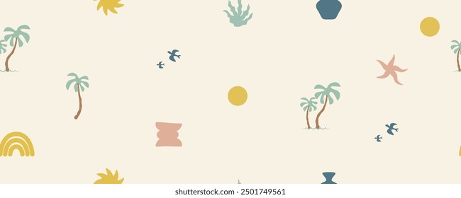 Groovy palm tree beach sun sea seamless pattern