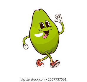 Groovy papaya fruit, retro cartoon funny character with happy face, vector emoji. Groovy papaya with comic silly emotion of teasing or yummy tongue out, funky fruit food character in retro cartoon