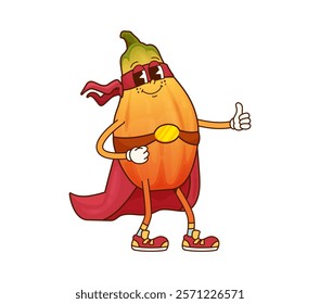 Groovy papaya fruit superhero character. Cartoon vector defender personage in cape and mask giving thumbs up. Funny cheerful fairytale fruit, healthy vitamin food, brave tropical papaya ready for feat