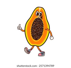 Groovy papaya retro cartoon character or happy fruit with thumb up, vector emoji. Groovy papaya half with comic silly face and thumb up gesture, funny fruit food character and retro cartoon personage