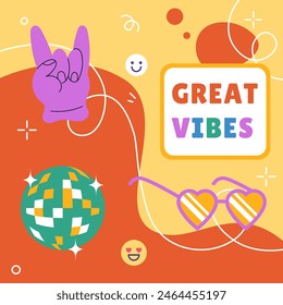 Groovy party. Retro music card. Abstract shapes. Hand rave gesture. Disco club ball. Heart sunglasses. Rock concert. Happy smile. Bright color spots. 90s entertainment. Vector discotheque vibes banner