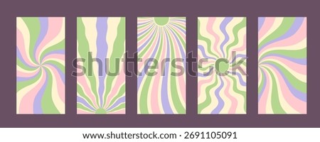 Groovy pastel abstract sun pattern set creates a retro background with burst, swirl and wavy shapes. Sunshine and y2k elements define this vertical concept artwork for stylish contemporary mood.
