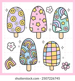 Groovy Pastel Popsicle Doodle Set Trendy Retro Ice Cream Summer doodle Drawing