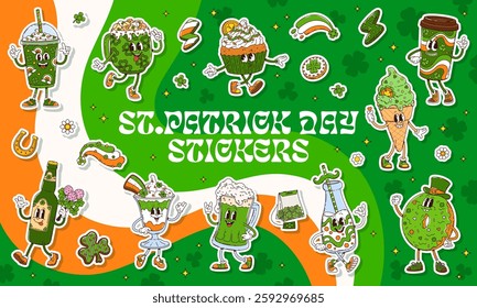 Groovy Patrick day characters stickers. Cartoon vector funny festive drinks, treats and desserts with cheerful faces, decorated with shamrocks and rainbows against Irish green, white and orange flag