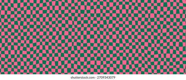 Plano de fundo padrão Groovy com ondas de damas cor-de-rosa e verde em estilo retro. Fundo quadriculado com quadrados distorcidos e fluxo suave. Ilustração vetorial
