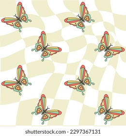 Groovy pattern of butterflies on a checkered background. Vector retro illustration