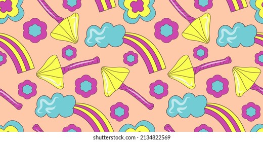 Groovy pattern in doodle style on colorful background. 70s retro floral seamless pattern with mushroom and rainbow. Simple vector groovy illustration.
