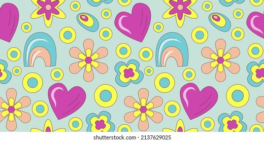 Groovy pattern in doodle style on colorful background. 70s retro floral seamless pattern with heart and rainbow. Simple vector groovy illustration.