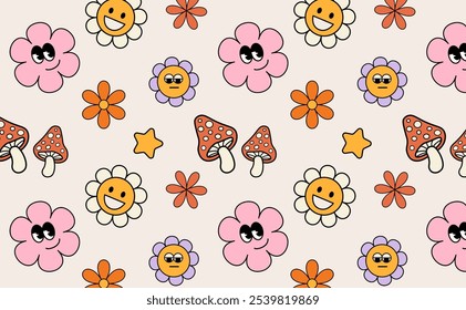Groovy pattern flower cartoon characters. Funny happy daisy with eyes and smile retro fly agaric.