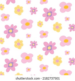 Patrón groovy con flores. Patrón retro con flores rosadas. Patrón sin foco en el estilo de los años 60 o 70. Ilustración vectorial.