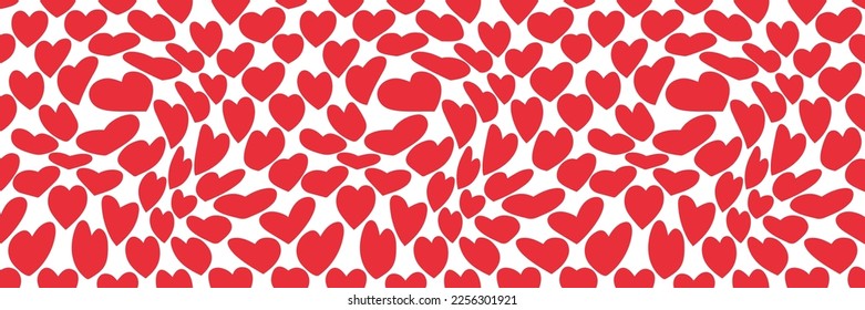 Groovy Pattern with Red Hearts on White Background in Retro Style. Hippie Psychedelic Seamless Pattern for Valentine's Day. Abstract Vector Trippy Art Print. Funky Texture in 60s 70s Cartoon Style