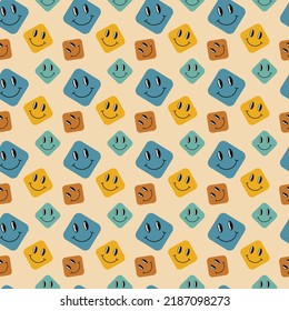 Groovy pattern. Seamless colorful retro background with smiles. Vector illustration. Repeat trendy vintage 70s pattern.