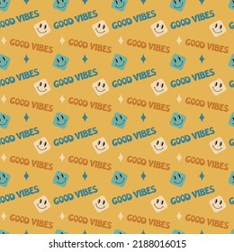 Groovy pattern. Seamless retro 70s background with smiles and good vibes text. Vector illustration. Repeat trendy 60s vintage pattern.