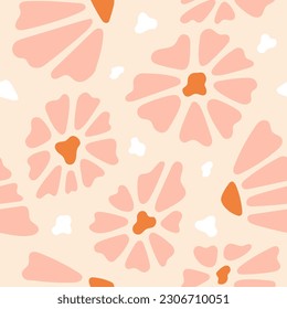 Groovy pattern. Simple daisy, retro cute floral print, summer or spring 60s flower power, bold and bright 70s fun pop, art hippy stationery, psychedelic fabric, gift paper. Vector seamless background