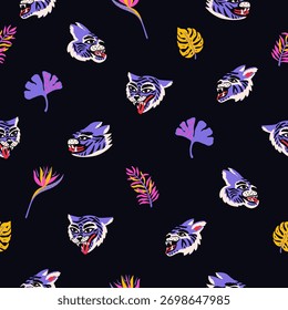 Groovy pattern with tiger heads and tropical leaves. Seamless animalistic illustration for fabric, wallpaper, and wrapping paper. Vector dark background.