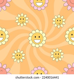 Groovy pattern with vintage daisy 70s, 60s lsd elements vector. Psychedelic, craisy floral background with camomile smiling faces. Fun hipster texture for paper, fabric, wallpaper.