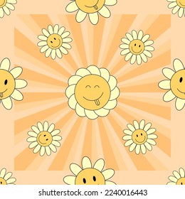 Groovy pattern with vintage daisy 70s, 60s lsd elements vector. Psychedelic, craisy floral background with camomile smiling faces. Fun hipster texture for paper, fabric, wallpaper.