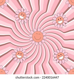 Patrón de Groovy con vectores vintage daisy 70s, elementos lsd de 60s. Sólidos, con un fondo filosófico, de cacería floral con caras sonrientes de camomila. Textura divertida hipster para papel, tela, papel pintado.