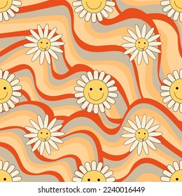 Groovy pattern with vintage daisy 70s, 60s lsd elements vector. Psychedelic, craisy floral background with camomile smiling faces. Fun hipster texture for paper, fabric, wallpaper.