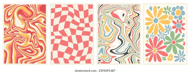 Groovy pattern wave 1970 daisy flowers, wavy swirl, trippy grid, colorful retro aesthetic design frame. Hippie psychedelic abstract curved background vector illustration vintage. 