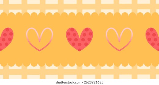 Groovy patterned border frames set - wavy edge, checkered, yellow striped decorative square frame collection with heart shape.