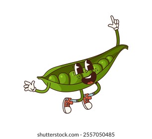 Groovy pea vegetable character cheerfully jumping, displaying juicy grains inside of the open green pod. Isolated cartoon vector playful veg personage wearing sneakers, conveys fun healthy eating vibe