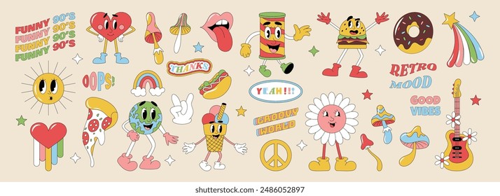 Groovy peace sticker. Cartoon icon, retro flower, hand and different food, positive vibe, love symbol 1970, 70s comic characters, Earth funky, trippy smile hamburger, summer element. Vector garish set