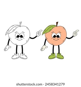 Groovy peach character. Peach. Funny cartoon retro character peach in flat and doodle style.