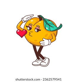 Groovy peach character vector illustration. Cartoon isolated Y2K comic tropical sweet fruit mascot with love kiss, funny kawaii peach emoji blows heart with romantic expression, happy emoticon