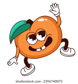 Groovy peach character vector illustration. Cartoon isolated retro comic fruit sticker, funny orange peach or apricot jumping or dancing with hand up, juicy mascot with cute funny smile on happy face