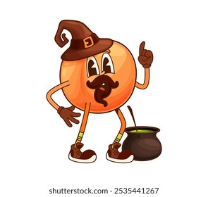 Groovy peach fruit Halloween wizard character. Sweet peach warlock happy comic personage, ripe fruit funny wizard or sorcerer cheerful funky vector mascot or groovy character cooking magic potion