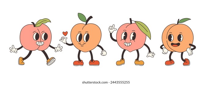 Groovy peach set. Hand draw Funny Retro vintage trendy style peach cartoon character. Doodle Comic collection