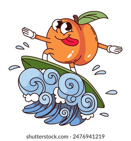 Groovy peach surfer cartoon character surfing on ocean wave. Funny retro fruit with tongue sticking out on surfboard. Fun surfing, vacation mascot, cartoon sticker of 70s 80s style vector illustration