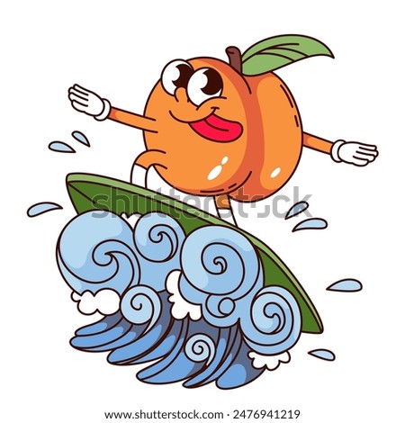 Groovy peach surfer cartoon character surfing on ocean wave. Funny retro fruit with tongue sticking out on surfboard. Fun surfing, vacation mascot, cartoon sticker of 70s 80s style vector illustration