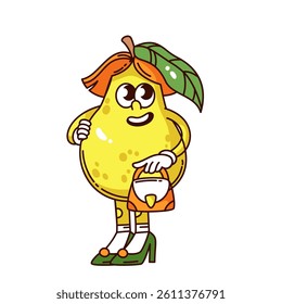 Groovy pear cartoon character standing with smile. Funny retro food personage with girls shoes and leaf, handbag. Fruit mascot, cartoon cute yellow pear sticker of 70s 80s style vector illustration