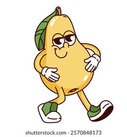 Groovy pear cartoon character walking with smile. Funny retro yellow fruit holding fat belly with arms. Garden mascot, cartoon cute pear with tummy sticker of 70s 80s style vector illustration