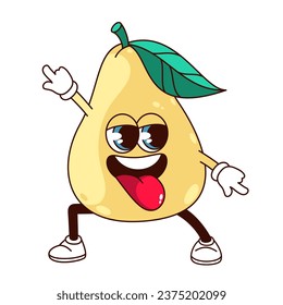 Groovy pear character vector illustration. Cartoon isolated retro funny food sticker, dance and laugh of cute summer fruit mascot on fun party, kawaii pear with leaf and tongue on face, arms and legs