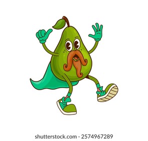 Groovy pear fruit Halloween wizard character. Green ripe pear magician childish cartoon isolated vector character or cute fairytale mascot, sweet fruit funny wizard groovy personage wearing cape