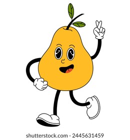 Groovy pear fruit. Hand draw Funny Retro vintage trendy style fruit cartoon character. Doodle Comic vector illustration