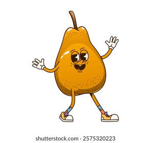 Groovy pear fruit retro cartoon character with funny smile on face, vector emoji. Groovy pear with comic emotion and posing with open arms, funky fruit food character and retro cartoon personage