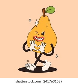 Groovy pear mascot. Funky retro character. cartoon pear, smiling, walking. Funny vintage trendy style character. Doodle Comic collection