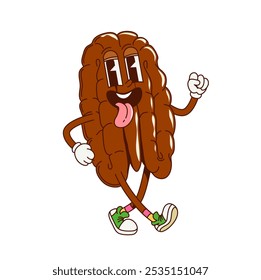 Personaje de nuez de nuez de nuez Groovy en dibujos animados retro con sonrisa feliz funky, emoji de cómic de Vector. Groovy peculiar nuez de nuez en buen rollo con cara tonta y lengua hacia fuera para el carácter de dibujos animados retro psicodélico