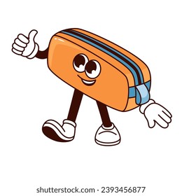 Groovy pencil case character vector illustration. Cartoon isolated cute retro sticker of orange box with zipper for storage of stationery for school lesson, case mascot with thumbs up approval gesture